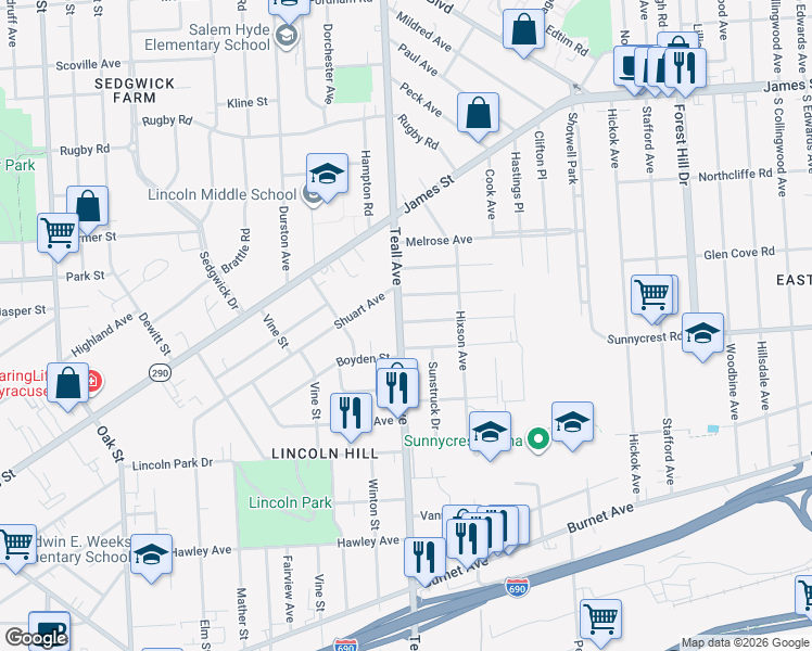 map of restaurants, bars, coffee shops, grocery stores, and more near 1120 Teall Avenue in Syracuse