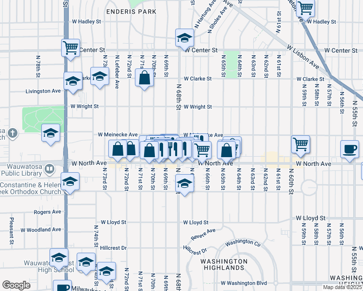 map of restaurants, bars, coffee shops, grocery stores, and more near 2350 North 68th Street in Wauwatosa