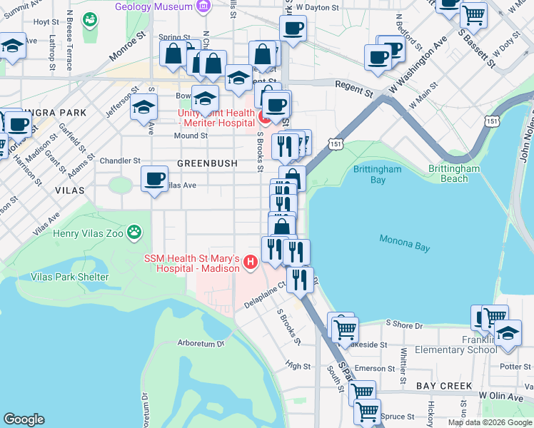 map of restaurants, bars, coffee shops, grocery stores, and more near 902 Drake Street in Madison