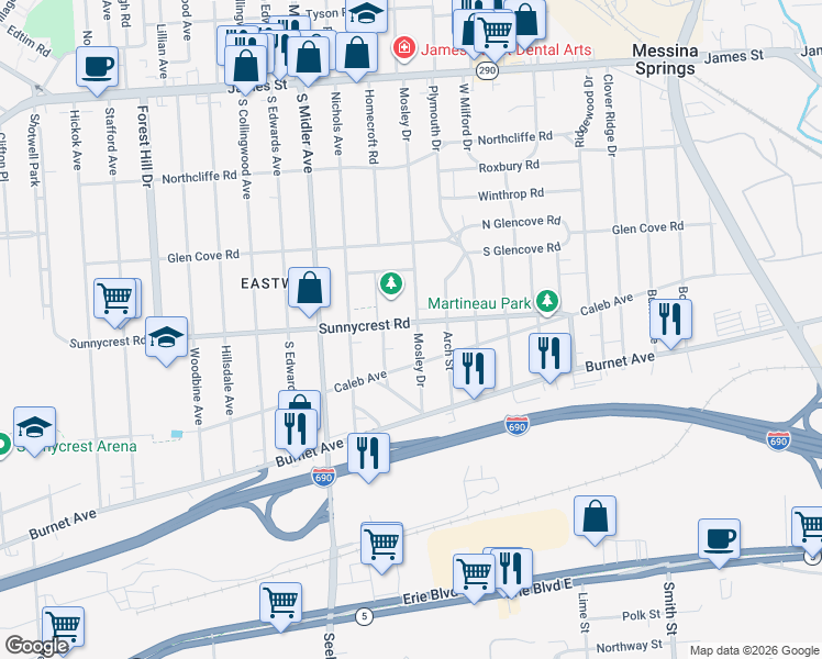 map of restaurants, bars, coffee shops, grocery stores, and more near 1052 Sunnycrest Road in Syracuse