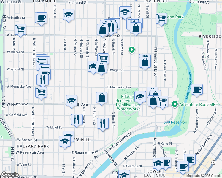 map of restaurants, bars, coffee shops, grocery stores, and more near 2373-2375 North Booth Street in Milwaukee