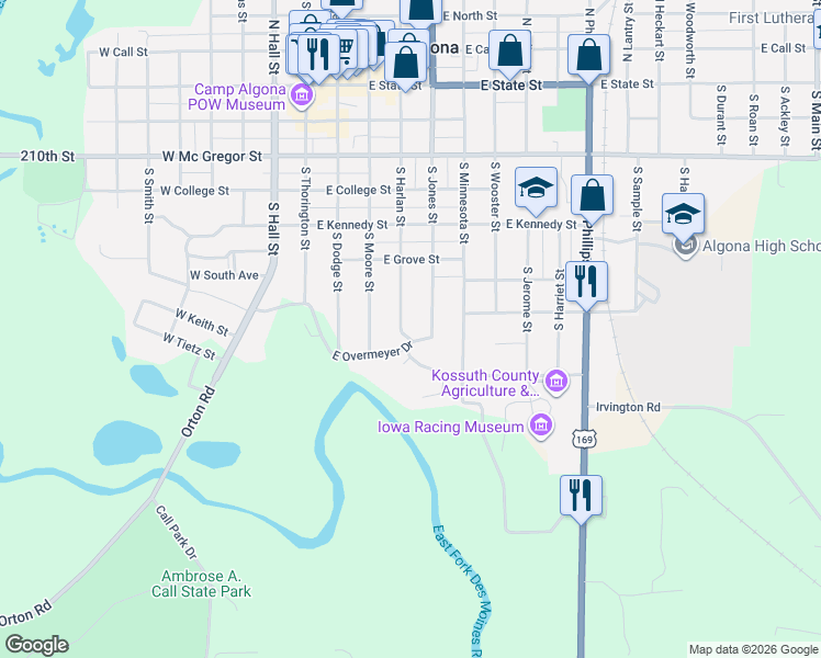 map of restaurants, bars, coffee shops, grocery stores, and more near South Harlan Street in Algona