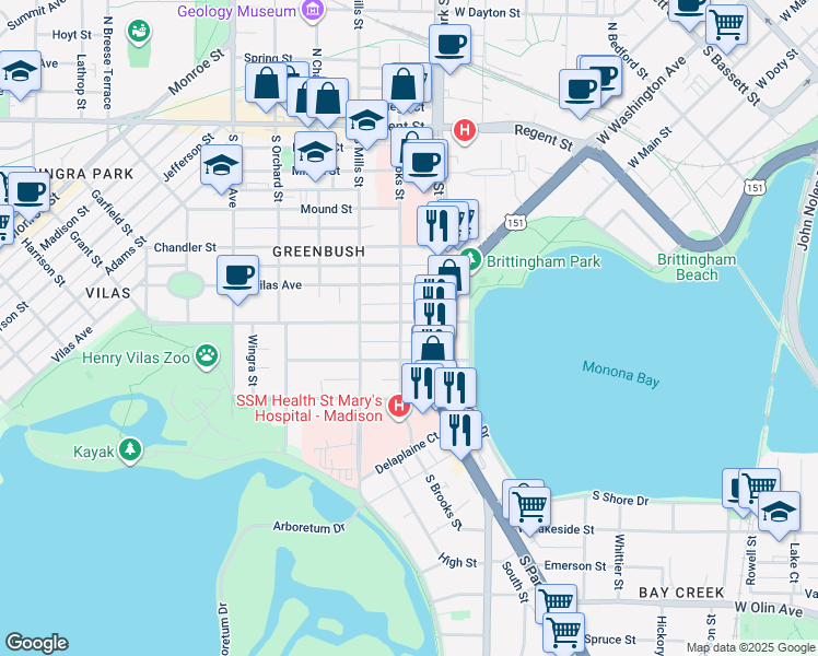 map of restaurants, bars, coffee shops, grocery stores, and more near 927 Drake Street in Madison