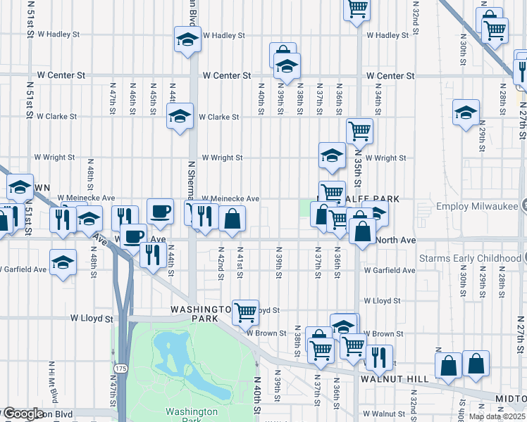 map of restaurants, bars, coffee shops, grocery stores, and more near 2362 North 40th Street in Milwaukee