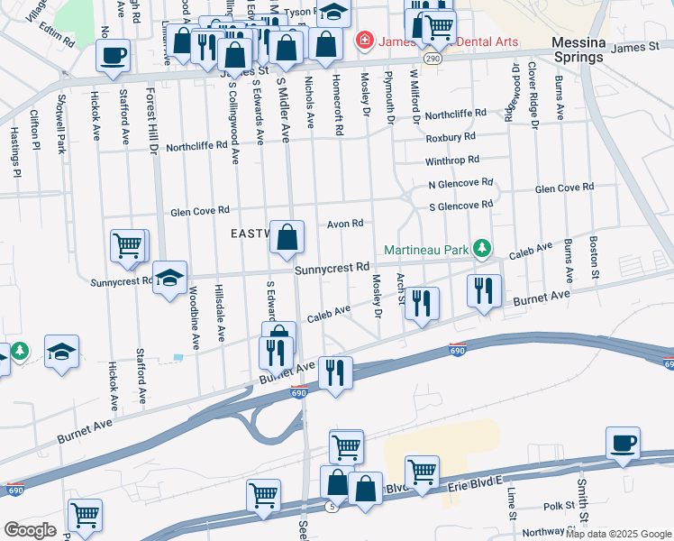 map of restaurants, bars, coffee shops, grocery stores, and more near 1018 Sunnycrest Rd in Syracuse
