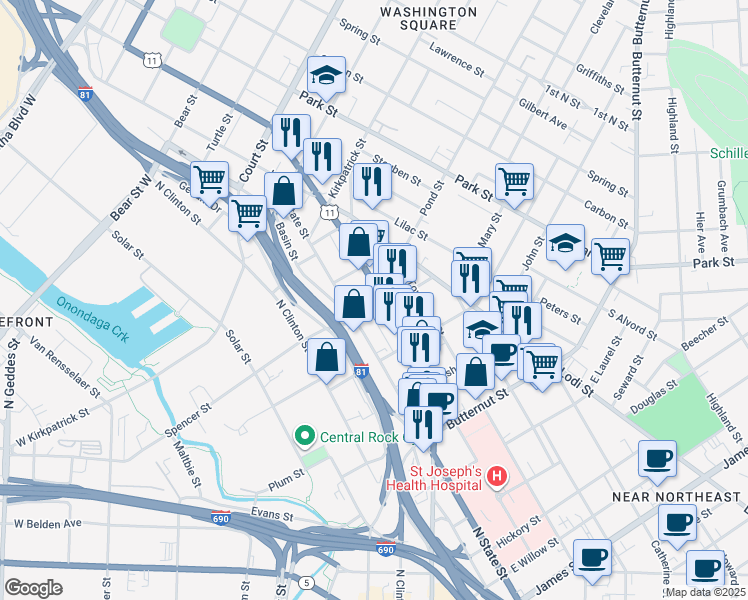map of restaurants, bars, coffee shops, grocery stores, and more near 821 North Salina Street in Syracuse