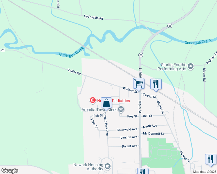 map of restaurants, bars, coffee shops, grocery stores, and more near 222 West Pearl Street in Newark