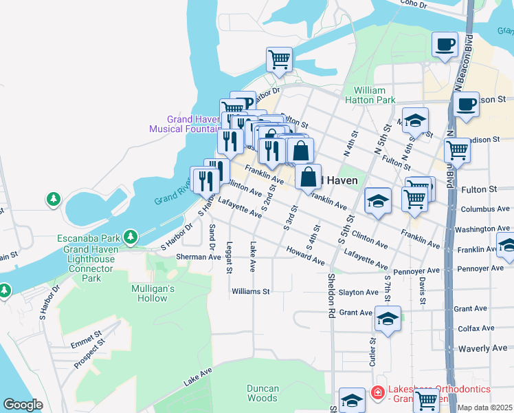 map of restaurants, bars, coffee shops, grocery stores, and more near 200 South 2nd Street in Grand Haven