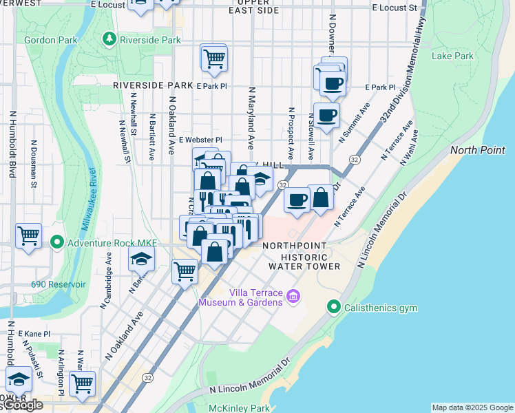 map of restaurants, bars, coffee shops, grocery stores, and more near 2400 North Prospect Avenue in Milwaukee