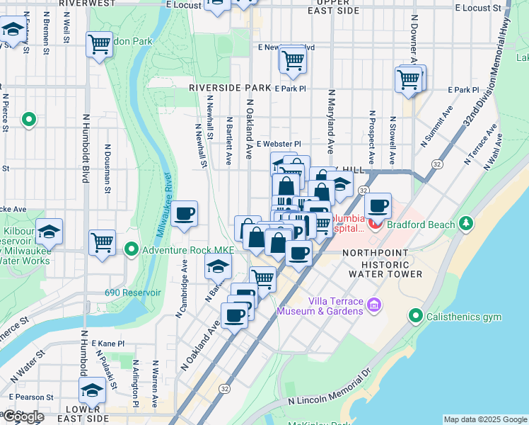 map of restaurants, bars, coffee shops, grocery stores, and more near 2422 North Cramer Street in Milwaukee