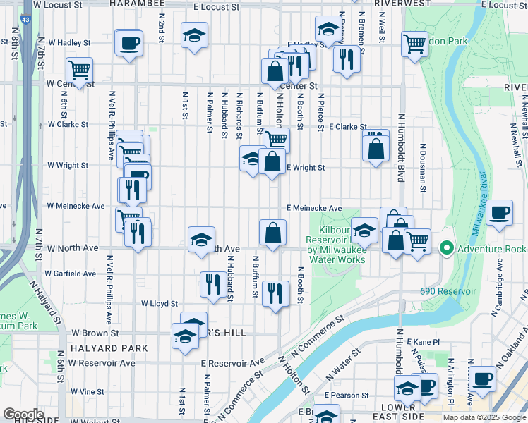 map of restaurants, bars, coffee shops, grocery stores, and more near 413 East Meinecke Avenue in Milwaukee
