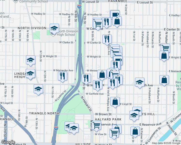 map of restaurants, bars, coffee shops, grocery stores, and more near 635 West Meinecke Avenue in Milwaukee