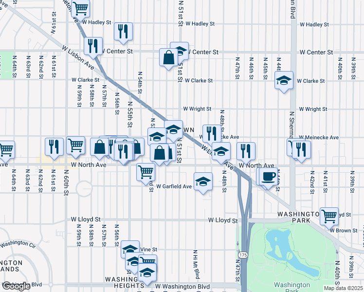 map of restaurants, bars, coffee shops, grocery stores, and more near 2325-2399 N 51st St in Milwaukee
