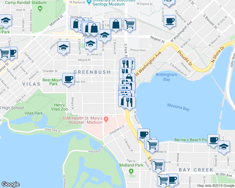 map of restaurants, bars, coffee shops, grocery stores, and more near 902 Drake Street in Madison
