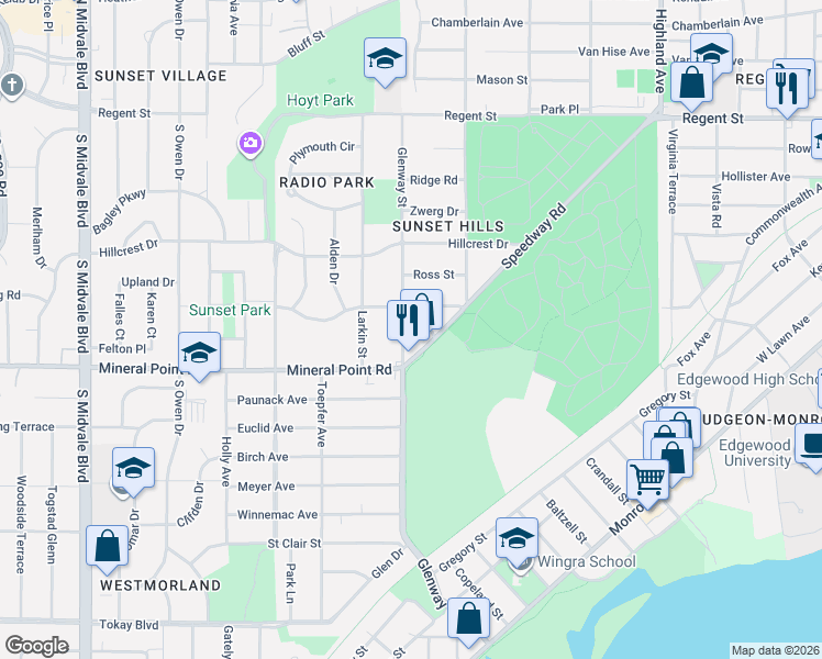 map of restaurants, bars, coffee shops, grocery stores, and more near 310 Glenway Street in Madison