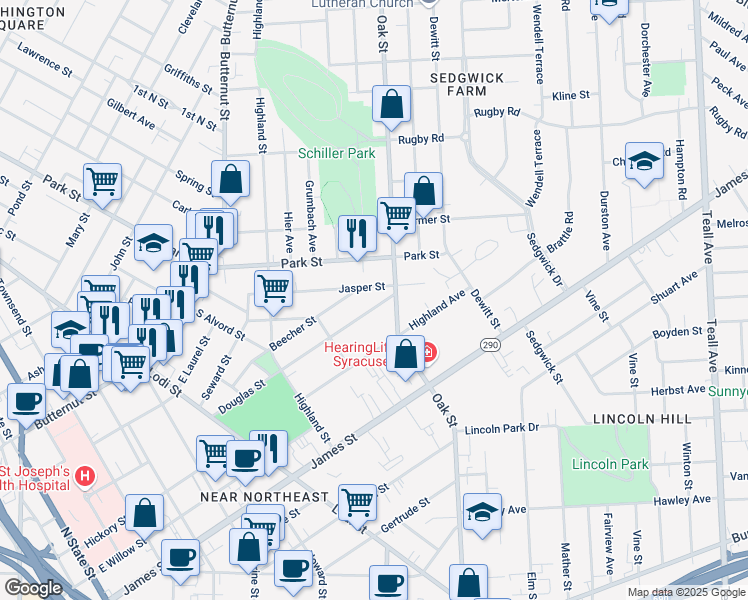 map of restaurants, bars, coffee shops, grocery stores, and more near 427-29 Douglas St in Syracuse
