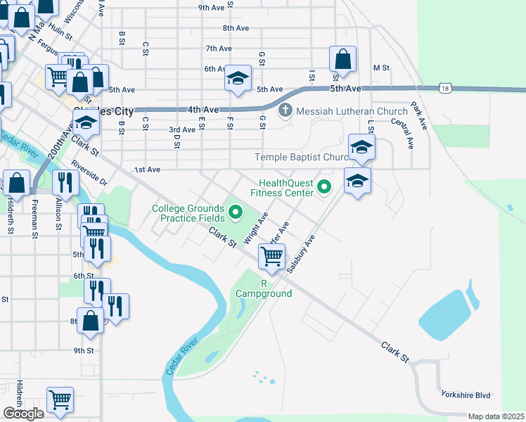 map of restaurants, bars, coffee shops, grocery stores, and more near 1721 Salzer Street in Charles City