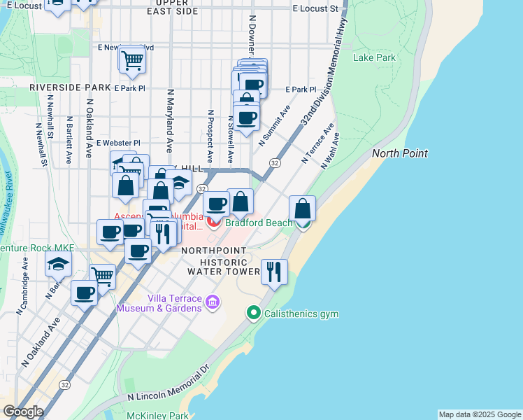 map of restaurants, bars, coffee shops, grocery stores, and more near 2411 North Terrace Avenue in Milwaukee