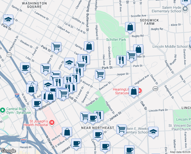 map of restaurants, bars, coffee shops, grocery stores, and more near 615 Highland Street in Syracuse