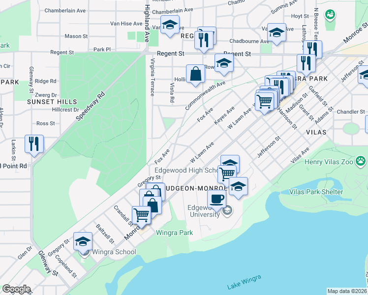 map of restaurants, bars, coffee shops, grocery stores, and more near 2302 Keyes Ave in Madison