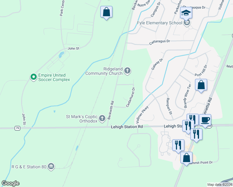 map of restaurants, bars, coffee shops, grocery stores, and more near 341 Beckwith Road in West Henrietta