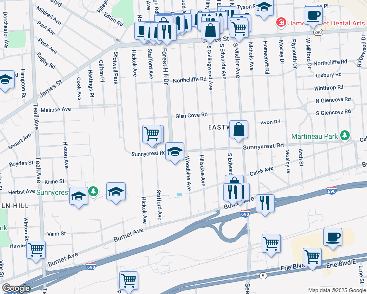 map of restaurants, bars, coffee shops, grocery stores, and more near 368 Woodbine Avenue in Syracuse