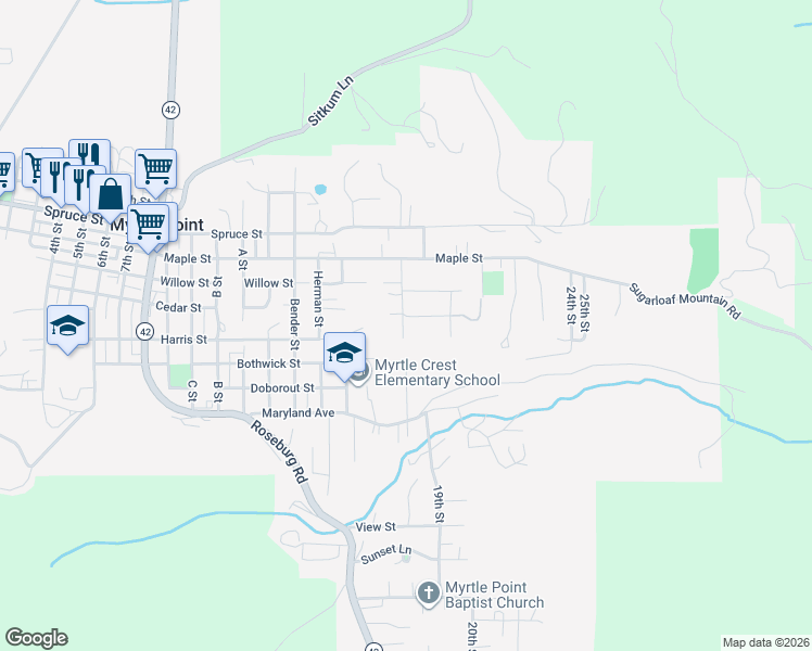 map of restaurants, bars, coffee shops, grocery stores, and more near 1810 East Cedar Street in Myrtle Point