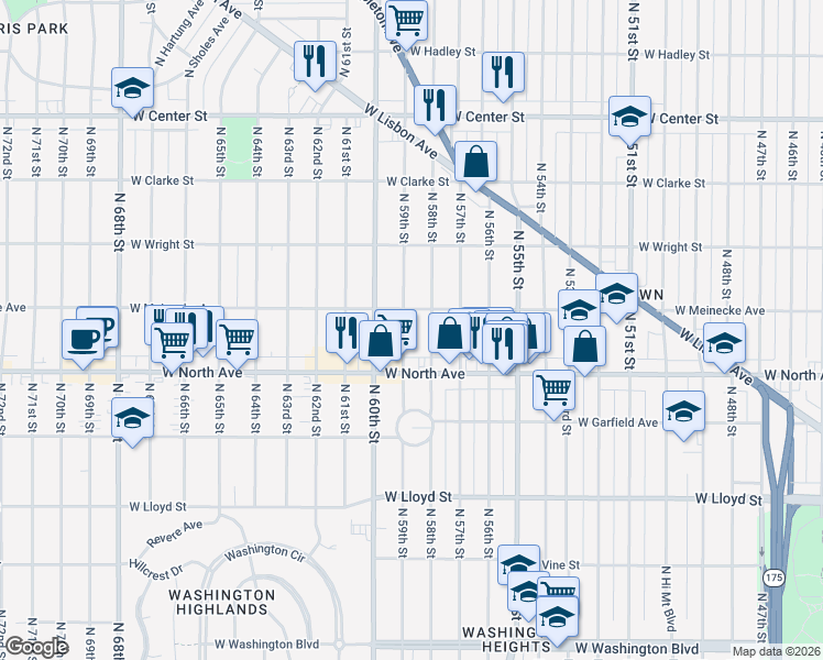 map of restaurants, bars, coffee shops, grocery stores, and more near 2355 North 58th Street in Milwaukee
