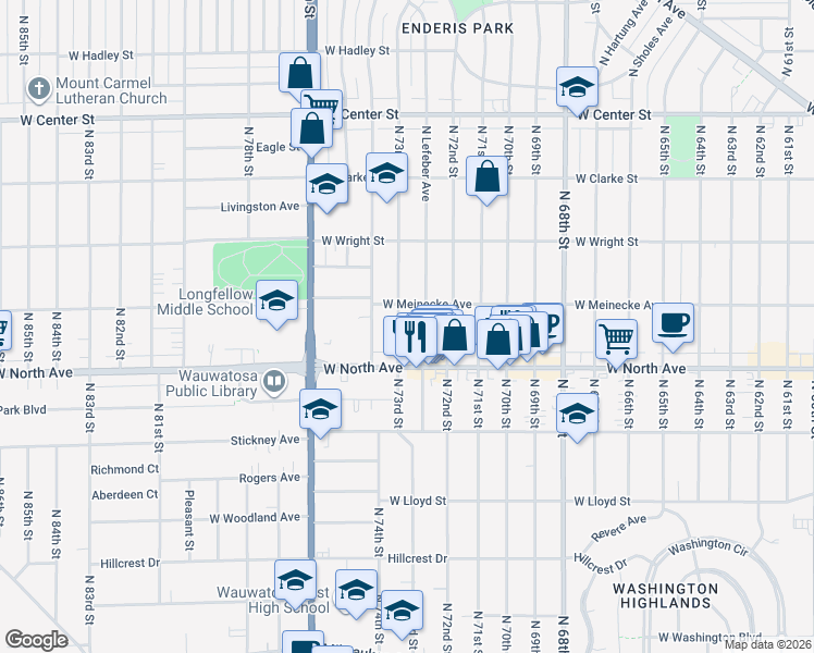 map of restaurants, bars, coffee shops, grocery stores, and more near 2354 North 73rd Street in Wauwatosa