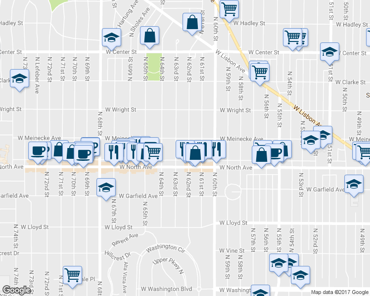 map of restaurants, bars, coffee shops, grocery stores, and more near 2355 North 62nd Street in Wauwatosa
