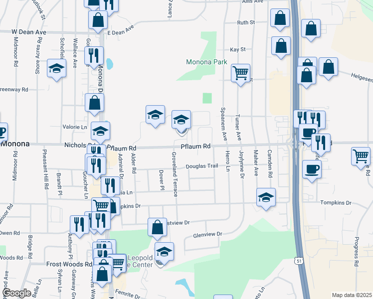 map of restaurants, bars, coffee shops, grocery stores, and more near 707 Pflaum Road in Madison