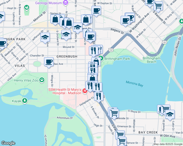 map of restaurants, bars, coffee shops, grocery stores, and more near 901 Drake Street in Madison