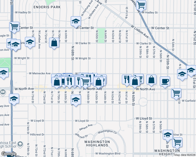 map of restaurants, bars, coffee shops, grocery stores, and more near 2356 North 65th Street in Wauwatosa