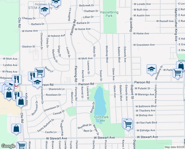 map of restaurants, bars, coffee shops, grocery stores, and more near 1302 Bolan Drive in Flint