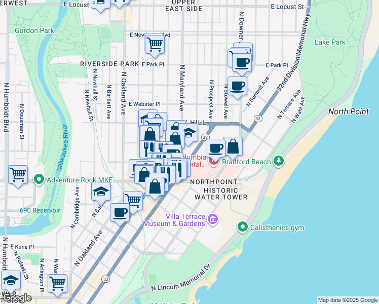 map of restaurants, bars, coffee shops, grocery stores, and more near 2418 North Maryland Avenue in Milwaukee