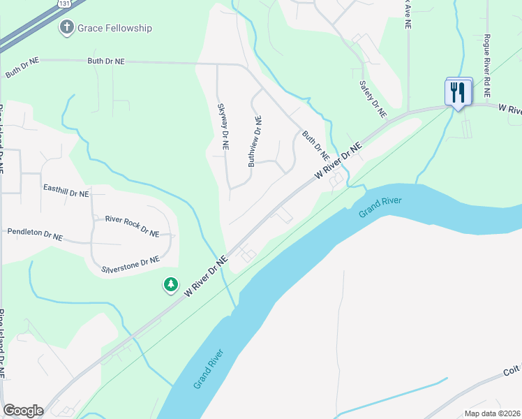 map of restaurants, bars, coffee shops, grocery stores, and more near 5444 Riverlook Drive Northeast in Comstock Park
