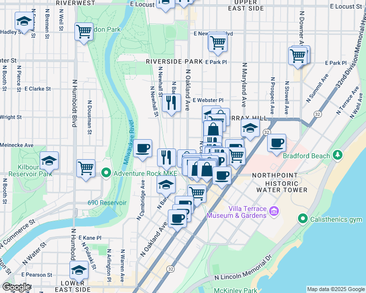 map of restaurants, bars, coffee shops, grocery stores, and more near 2426 North Oakland Avenue in Milwaukee