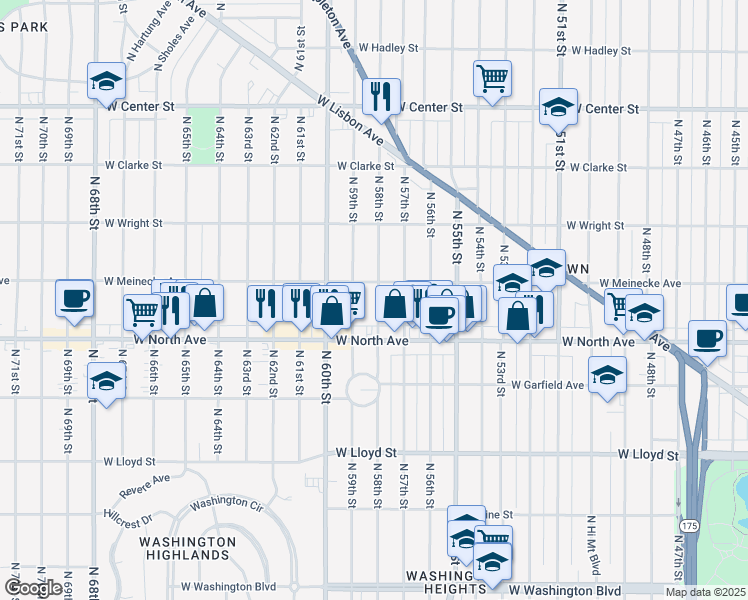 map of restaurants, bars, coffee shops, grocery stores, and more near 2355 North 58th Street in Milwaukee