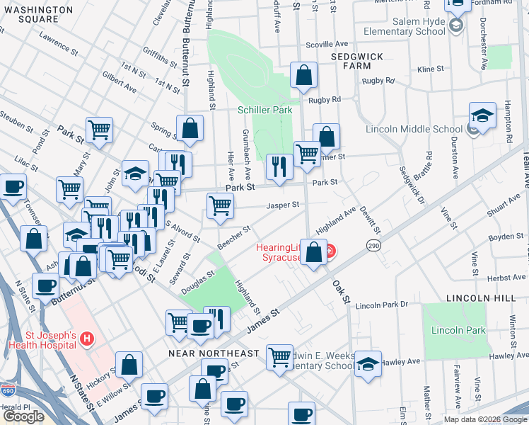 map of restaurants, bars, coffee shops, grocery stores, and more near 313 Beecher Street in Syracuse