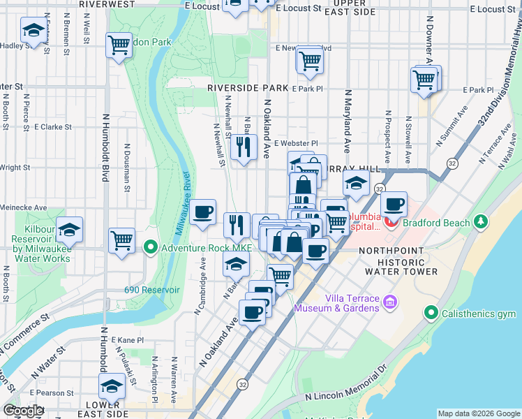 map of restaurants, bars, coffee shops, grocery stores, and more near 2425 North Oakland Avenue in Milwaukee