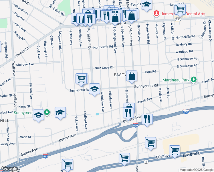 map of restaurants, bars, coffee shops, grocery stores, and more near 368 Hillsdale Ave in Syracuse