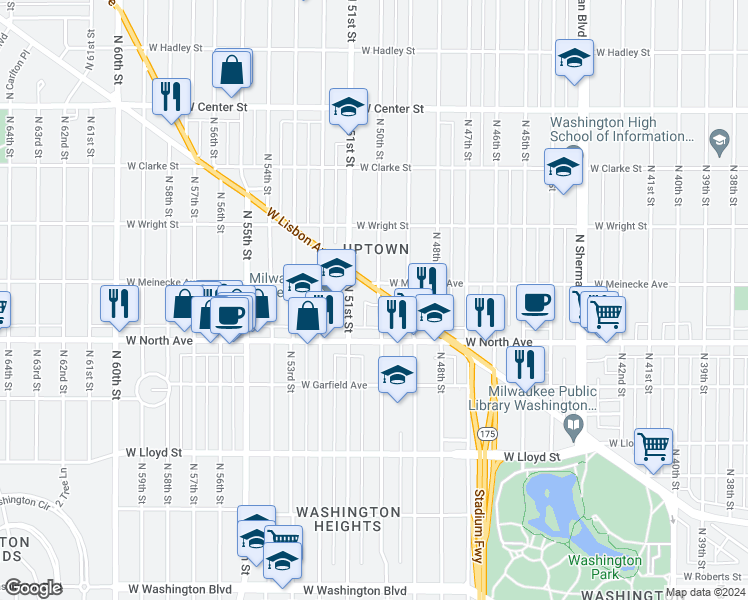 map of restaurants, bars, coffee shops, grocery stores, and more near 2357 North 50th Street in Milwaukee