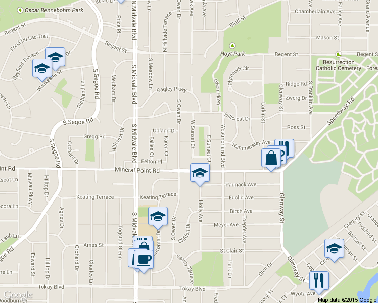 map of restaurants, bars, coffee shops, grocery stores, and more near 314 West Sunset Court in Madison