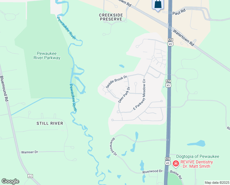 map of restaurants, bars, coffee shops, grocery stores, and more near W243N2312 Saddle Brook Drive in Pewaukee