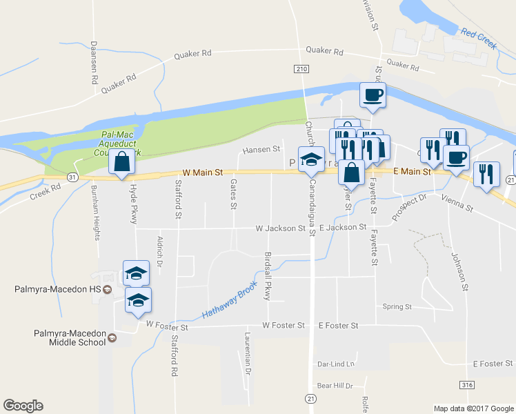 map of restaurants, bars, coffee shops, grocery stores, and more near 143 Washington Street in Palmyra