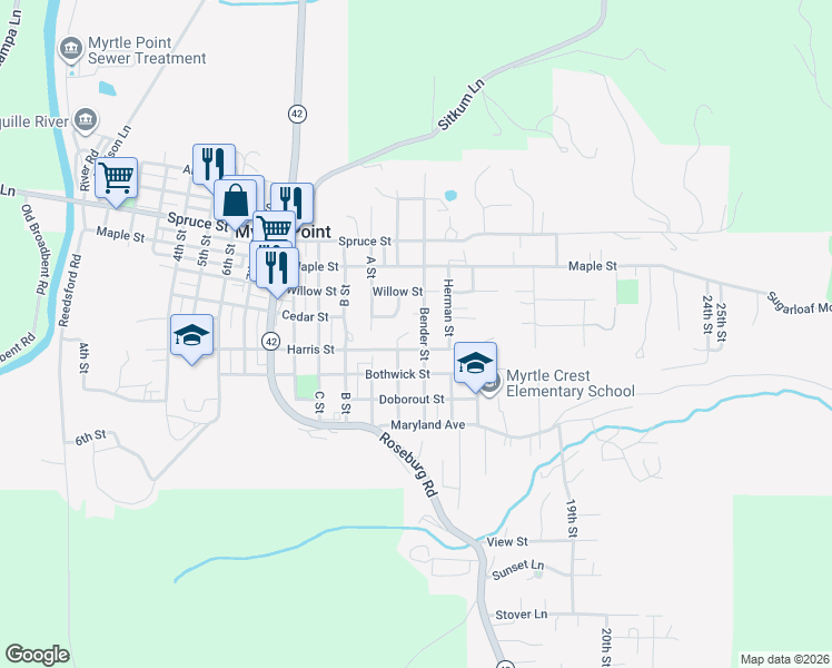 map of restaurants, bars, coffee shops, grocery stores, and more near 624 Bender Street in Myrtle Point
