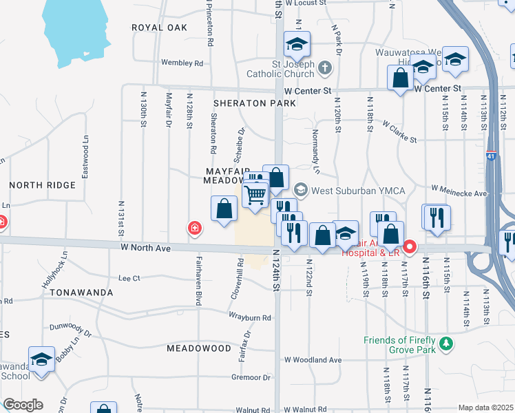 map of restaurants, bars, coffee shops, grocery stores, and more near 2325 North 124th Street in Brookfield