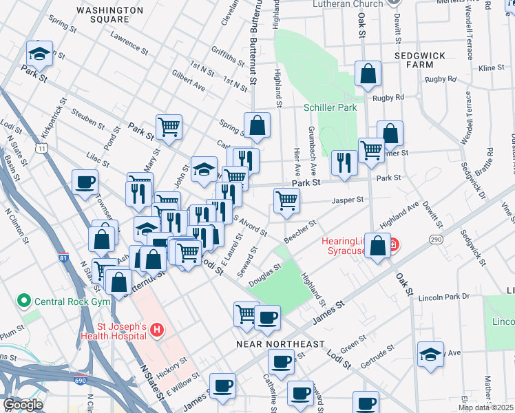 map of restaurants, bars, coffee shops, grocery stores, and more near 114 Schneider St in Syracuse