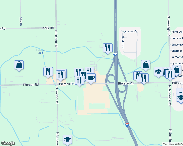 map of restaurants, bars, coffee shops, grocery stores, and more near 4366 West Pierson Road in Flint