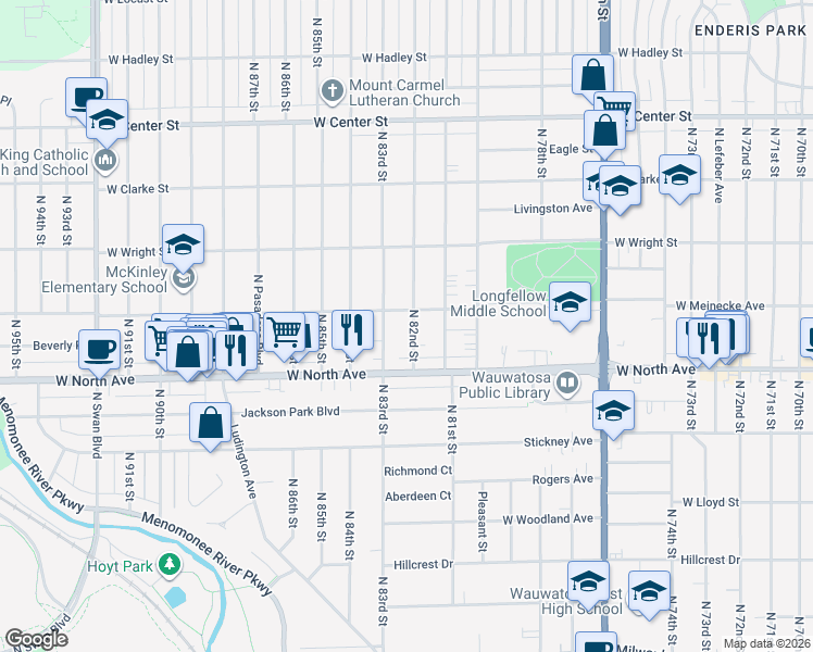 map of restaurants, bars, coffee shops, grocery stores, and more near 2361 North 82nd Street in Wauwatosa